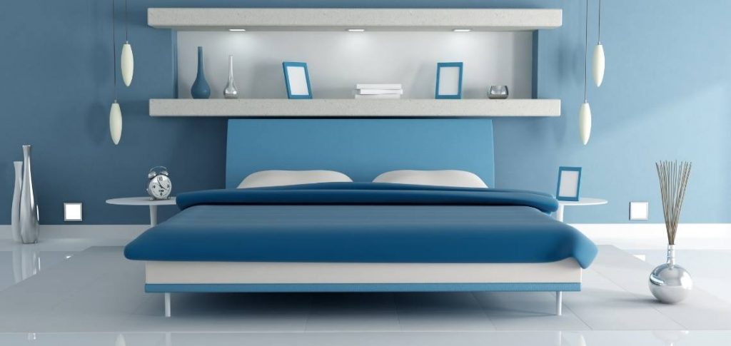 platform bed with an upholstered headboard