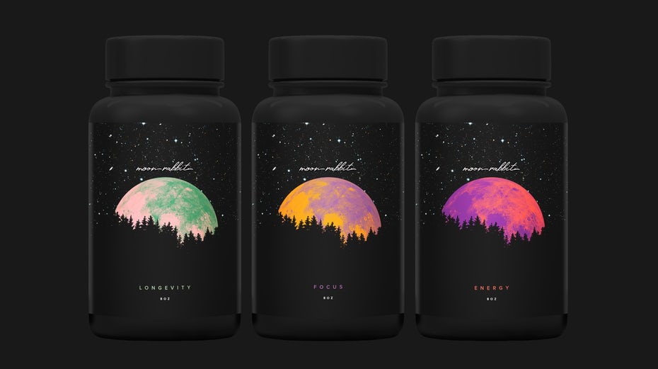 black packaging design with moon in surreal colors